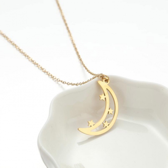 Picture of 304 Stainless Steel Stylish Link Cable Chain Necklace 18K Gold Color Half Moon Star 45cm(17 6/8") long, 1 Piece