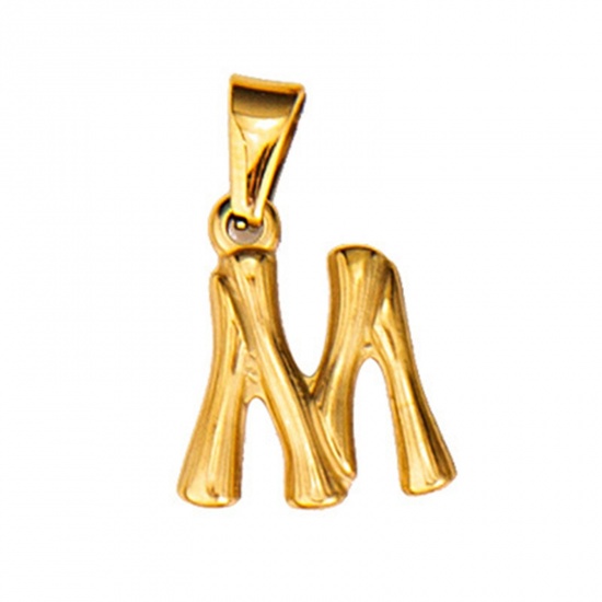 Imagen de 304 Acero Inoxidable Colgantes Charms De forma Bambú 18K Oro lleno Mayúscula Letra " M " 15mm x 12mm, 1 Unidad
