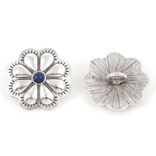 Picture of Zinc Based Alloy Metal Sewing Shank Buttons Single Hole Antique Silver Color Royal Blue Flower 3cm x 3cm, 3 PCs
