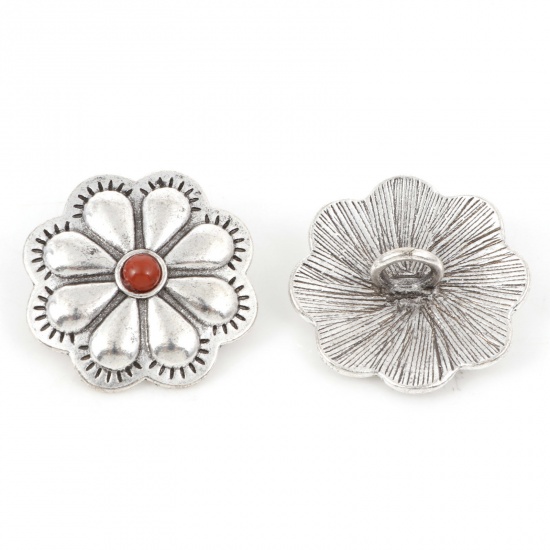 Picture of Zinc Based Alloy Metal Sewing Shank Buttons Single Hole Antique Silver Color Brown Red Flower 3cm x 3cm, 3 PCs