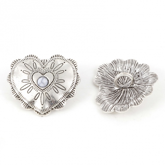 Picture of Zinc Based Alloy Valentine's Day Metal Sewing Shank Buttons Single Hole Antique Silver Color White Heart 3.4cm x 3.1cm, 3 PCs