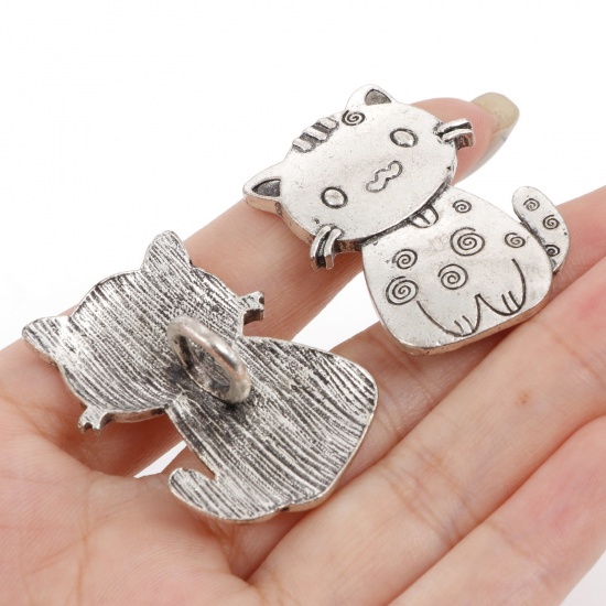 Picture of Zinc Based Alloy Metal Sewing Shank Buttons Single Hole Antique Silver Color Cat Animal 3.8cm x 3.1cm, 3 PCs