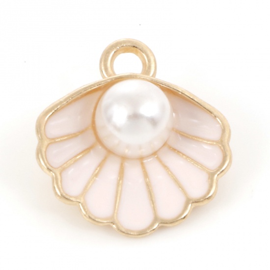 Picture of Zinc Based Alloy Enamel Charms Gold Plated Light Pink Shell Imitation Pearl 17mm x 15mm, 10 PCs