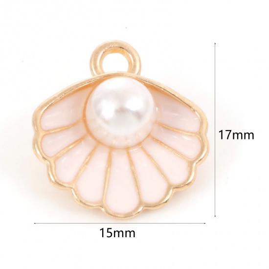 Picture of Zinc Based Alloy Enamel Charms Gold Plated Light Pink Shell Imitation Pearl 17mm x 15mm, 10 PCs