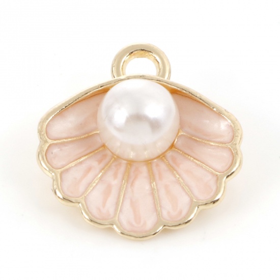 Picture of Zinc Based Alloy Enamel Charms Gold Plated Orange Pink Shell Imitation Pearl 17mm x 15mm, 10 PCs