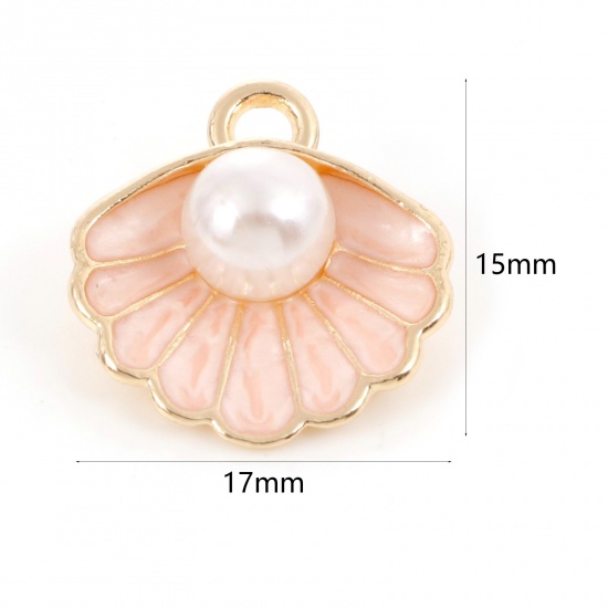 Picture of Zinc Based Alloy Enamel Charms Gold Plated Orange Pink Shell Imitation Pearl 17mm x 15mm, 10 PCs