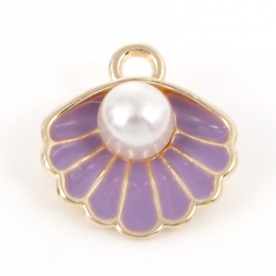 Picture of Zinc Based Alloy Enamel Charms Gold Plated Purple Shell Imitation Pearl 17mm x 15mm, 10 PCs