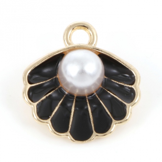 Picture of Zinc Based Alloy Enamel Charms Gold Plated Black Shell Imitation Pearl 17mm x 15mm, 10 PCs