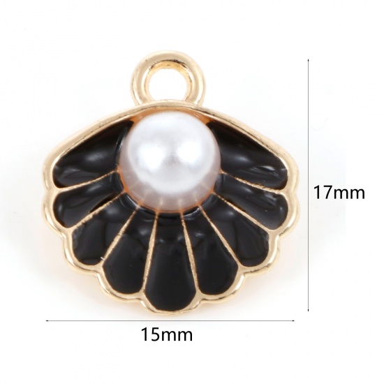 Picture of Zinc Based Alloy Enamel Charms Gold Plated Black Shell Imitation Pearl 17mm x 15mm, 10 PCs