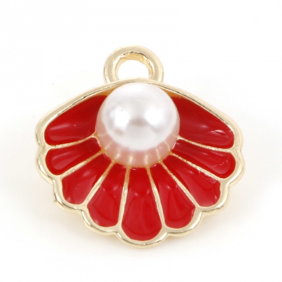 Picture of Zinc Based Alloy Enamel Charms Gold Plated Red Shell Imitation Pearl 17mm x 15mm, 10 PCs
