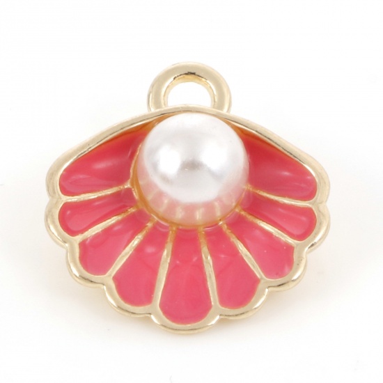 Picture of Zinc Based Alloy Enamel Charms Gold Plated Fuchsia Shell Imitation Pearl 17mm x 15mm, 10 PCs