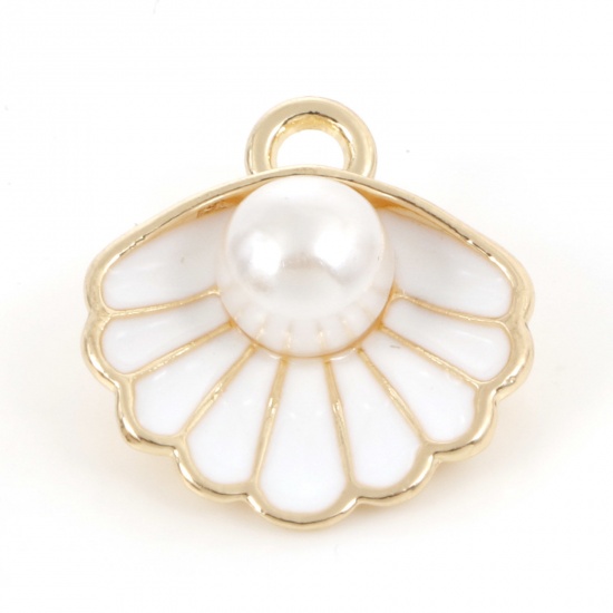 Picture of Zinc Based Alloy Enamel Charms Gold Plated White Shell Imitation Pearl 17mm x 15mm, 10 PCs