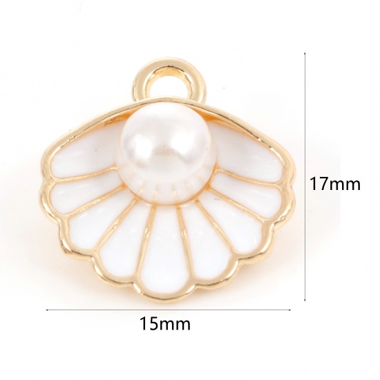 Picture of Zinc Based Alloy Enamel Charms Gold Plated White Shell Imitation Pearl 17mm x 15mm, 10 PCs