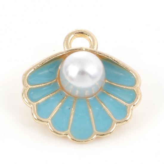 Picture of Zinc Based Alloy Enamel Charms Gold Plated Green Blue Shell Imitation Pearl 17mm x 15mm, 10 PCs