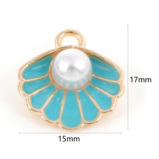 Picture of Zinc Based Alloy Enamel Charms Gold Plated Green Blue Shell Imitation Pearl 17mm x 15mm, 10 PCs