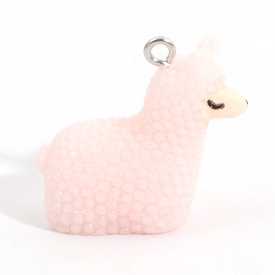 Picture of Resin Charms Alpaca Animal Silver Tone Light Pink 3D 27mm x 24mm, 5 PCs