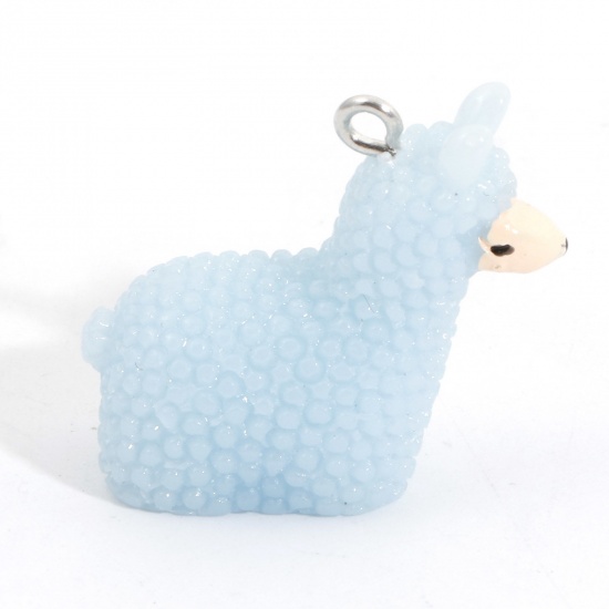 Picture of Resin Charms Alpaca Animal Silver Tone Blue 3D 27mm x 24mm, 5 PCs