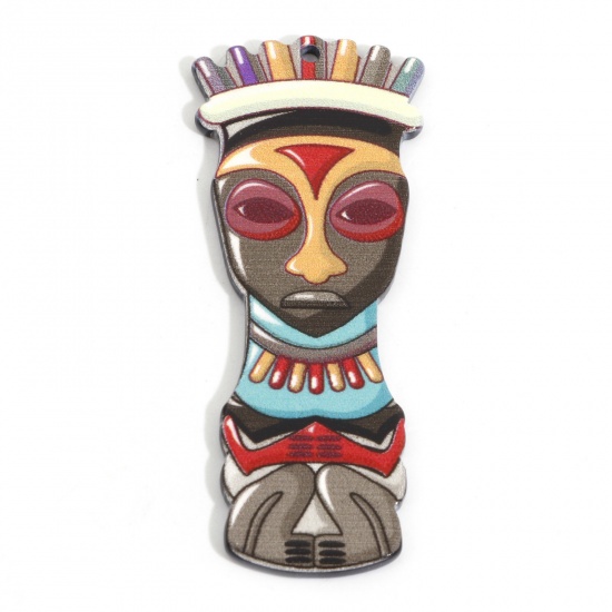 Picture of Acrylic African Tribal Ethnic Jewelry Pendants Face Multicolor 5.4cm x 2.2cm, 5 PCs