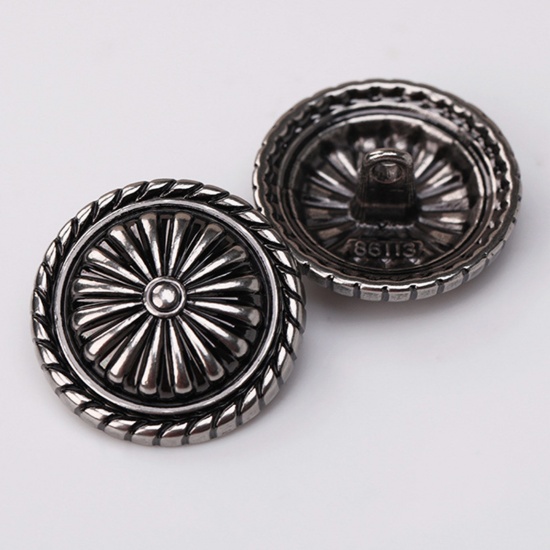 Picture of Alloy Metal Sewing Shank Buttons Single Hole Antique Silver Color Round Flower 15mm Dia., 10 PCs