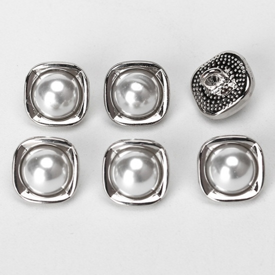 Picture of Alloy Metal Sewing Shank Buttons Silver Tone White Square Imitation Pearl 10.5mm x 10.5mm, 10 PCs