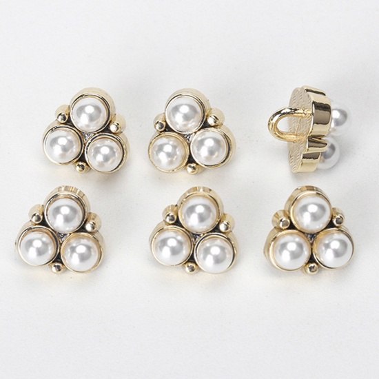 Picture of Alloy Metal Sewing Shank Buttons Single Hole Gold Plated Imitation Pearl 10.5mm x 10.5mm, 10 PCs