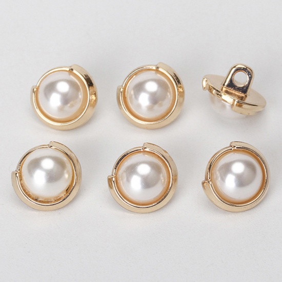 Picture of Alloy Metal Sewing Shank Buttons Single Hole Gold Plated Round Imitation Pearl 10.5mm x 10.5mm, 10 PCs