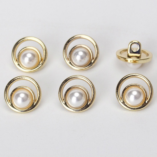 Picture of Alloy Metal Sewing Shank Buttons Single Hole Gold Plated Round Imitation Pearl 11.5mm x 11.5mm, 10 PCs