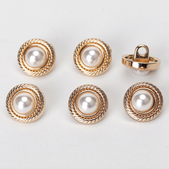 Picture of Alloy Metal Sewing Shank Buttons Single Hole Gold Plated Braided Imitation Pearl 11mm x 11mm, 10 PCs