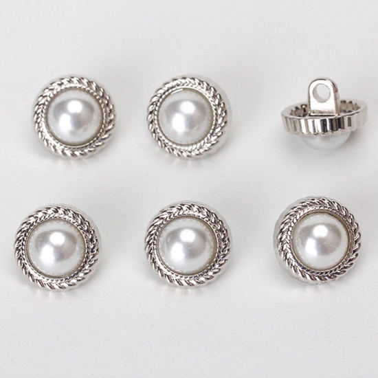 Picture of Alloy Metal Sewing Shank Buttons Single Hole Silver Tone Braided Imitation Pearl 11mm x 11mm, 10 PCs