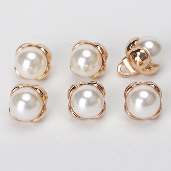 Picture of Alloy Metal Sewing Shank Buttons Single Hole Gold Plated Flower Imitation Pearl 11.5mm x 11.5mm, 10 PCs