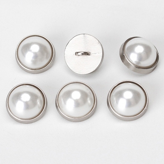 Picture of Alloy Metal Sewing Shank Buttons Single Hole Silver Tone Round Imitation Pearl 12mm x 12mm, 10 PCs