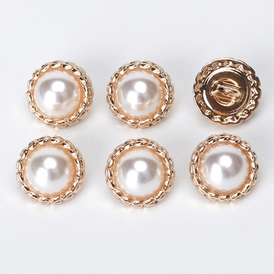 Picture of Alloy Metal Sewing Shank Buttons Single Hole Gold Plated Round Imitation Pearl 11mm x 11mm, 10 PCs