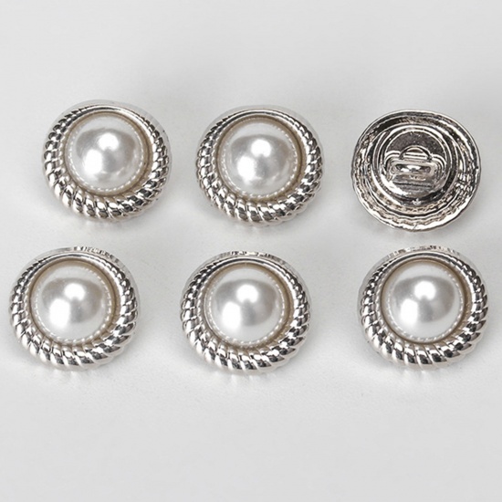 Picture of Alloy Metal Sewing Shank Buttons Single Hole Silver Tone Oval Imitation Pearl 12.5mm x 11mm, 10 PCs