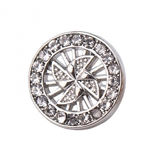 Picture of Alloy Metal Sewing Shank Buttons Single Hole Silver Tone Windmill Clear Rhinestone 11mm Dia., 10 PCs