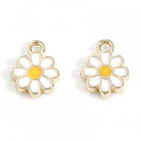 Brass Charms 14K Real Gold Plated White & Yellow Daisy Flower Enamel 8mm x 6mm, 2 PCs