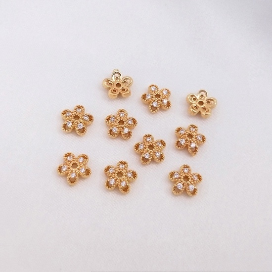 Bild von Messing Perlkappen Blumen 14K Echtgold plattiert Hohl Klar Zirkonia 6mm Dia., 2 Stück