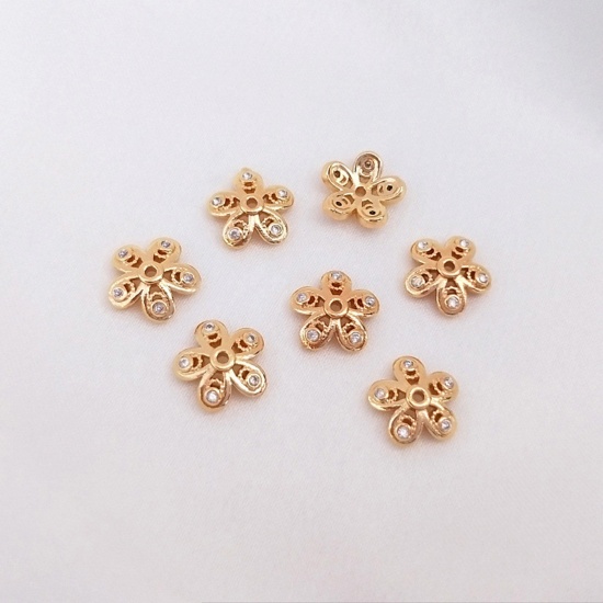 Bild von Messing Perlkappen Blumen 14K Echtgold plattiert Hohl Klar Zirkonia 8mm Dia., 2 Stück