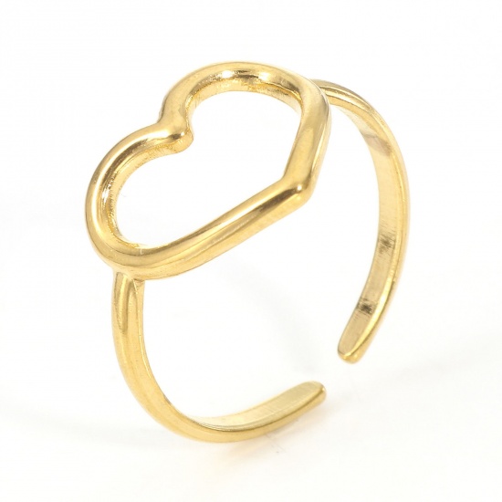 Immagine di 2 Pz Placcatura Sottovuoto PVD Ecologica 304 Acciaio Inossidabile San Valentino Aperto Anello Placcato Oro 18K Cuore 17.3mm (taglia di US: 7)