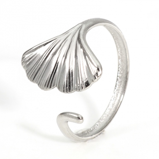 Imagen de Respetuoso del Medio Ambiente 304 Acero Inoxidable Abierto Anillos Tono de Plata Hoja de Ginkgo 18.9mm (US Size 9) , 2 Unidades