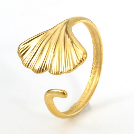 Imagen de 2 Unidades Recubrimiento al Vacío PVD Ecológico 304 Acero Inoxidable Abierto Anillos Chapado en Oro de 18K Hoja de Ginkgo 18.9mm (US Size 9)