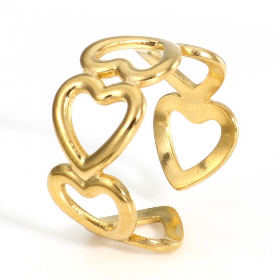 Immagine di 2 Pz Placcatura Sottovuoto PVD Ecologica 304 Acciaio Inossidabile San Valentino Aperto Anello Placcato Oro 18K Cuore 17.3mm (taglia di US: 7)