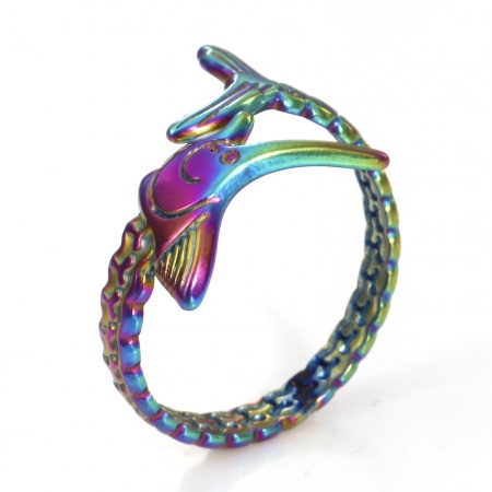 Picture of Wholesale Women's Gift Fish Animal Open Wrap Rings, Rainbow Color Plated 304 Stainless Steel, Eco-friendly PVD Vacuum Plating Ocean Jewelry Stylish Jewelry Supply, 18.9mm(US Size 9), 2 PCs