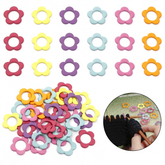 Picture of Zinc Based Alloy Knitting Stitch Markers Flower At Random Color Mixed Painted 17mm x 17mm, 1 Set ( 30 PCs/Set)