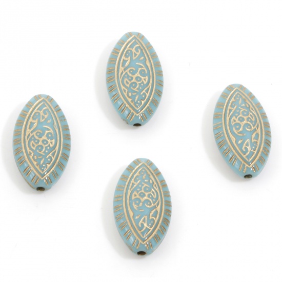 Picture of Acrylic Retro Beads For DIY Charm Jewelry Making Lake Blue Football Carved Pattern About 19mm x 11mm, Hole: Approx 1.2mm, 10 PCs