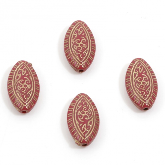 Picture of Acrylic Retro Beads For DIY Charm Jewelry Making Fuchsia Football Carved Pattern About 19mm x 11mm, Hole: Approx 1.2mm, 10 PCs