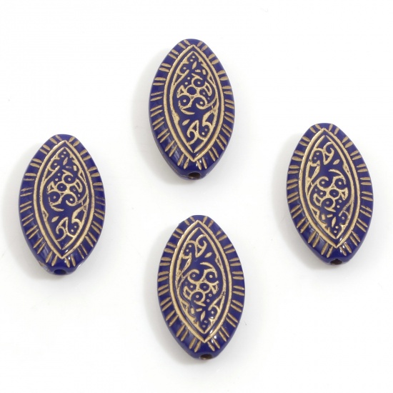 Picture of Acrylic Retro Beads For DIY Charm Jewelry Making Royal Blue Football Carved Pattern About 19mm x 11mm, Hole: Approx 1.2mm, 10 PCs