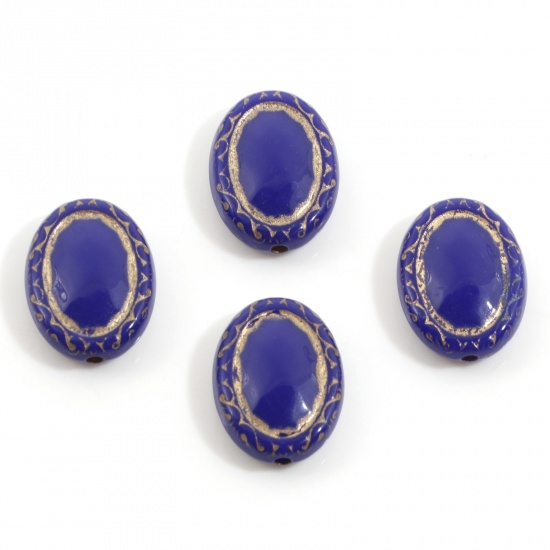 Picture of Acrylic Retro Beads For DIY Charm Jewelry Making Royal Blue Oval Carved Pattern About 17.5mm x 13mm, Hole: Approx 1.5mm, 10 PCs
