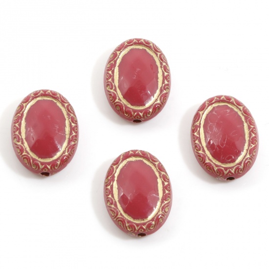 Picture of Acrylic Retro Beads For DIY Charm Jewelry Making Fuchsia Oval Carved Pattern About 17.5mm x 13mm, Hole: Approx 1.5mm, 10 PCs