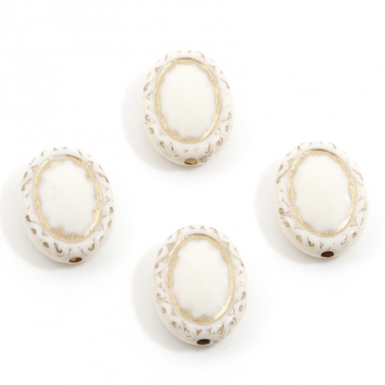 Picture of Acrylic Retro Beads For DIY Charm Jewelry Making Creamy-White Oval Carved Pattern About 17.5mm x 13mm, Hole: Approx 1.5mm, 10 PCs