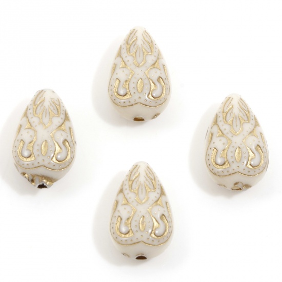 Picture of Acrylic Retro Beads For DIY Charm Jewelry Making Creamy-White Drop Carved Pattern About 18mm x 11mm, Hole: Approx 1.6mm, 10 PCs